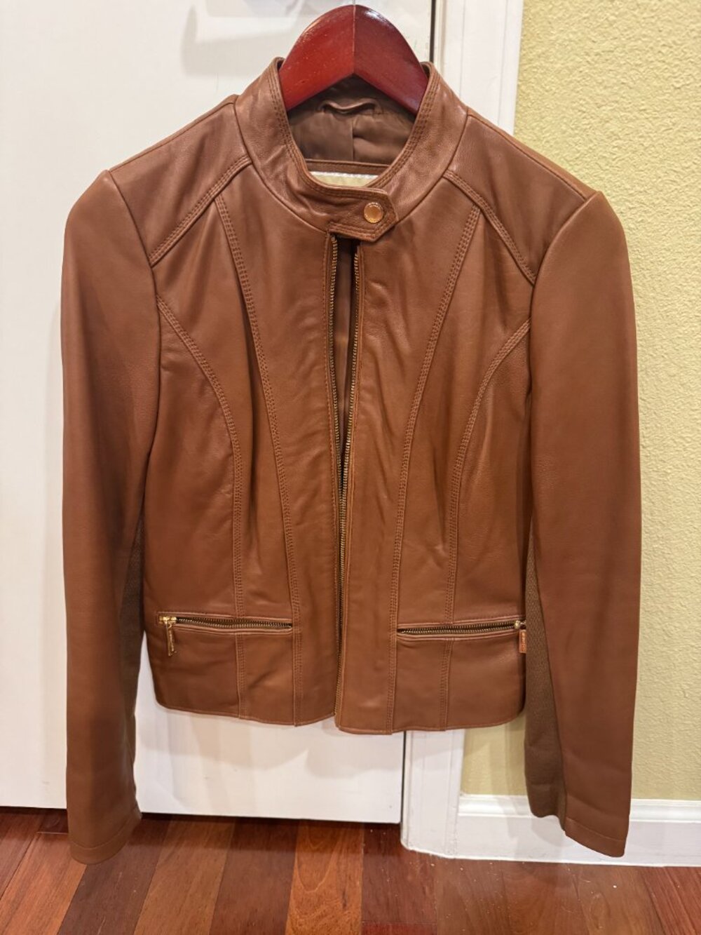 Michael Kors Leather Moto Jacket Cognac Brown Gold Zipper Small